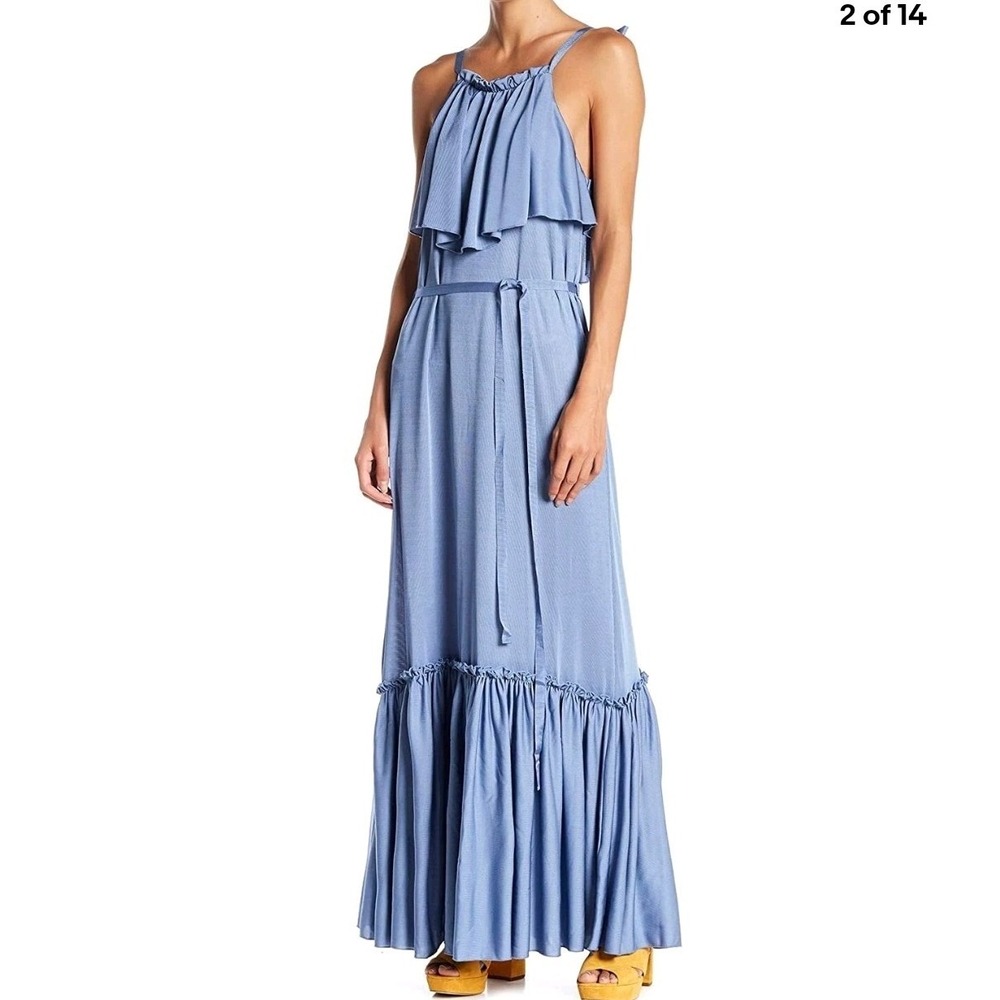 FREE PEOPLE Maxi Dress Womens XS periwinkle Blue Ruffle Halter Tiered OB821132 - Picture 2 of 7